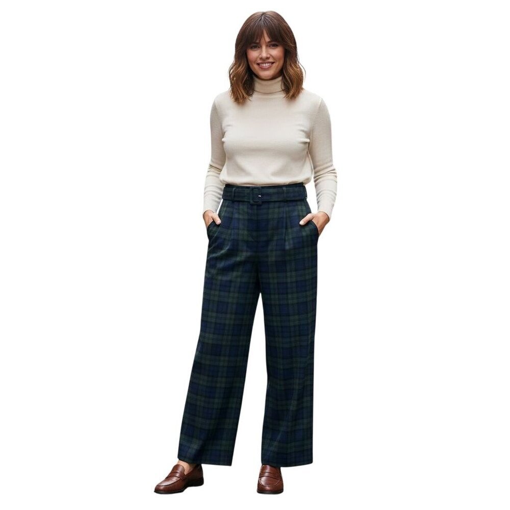 Loft Tartan Plaid Blue Green Wide Leg Belted Career 2023 Pleated Pants Size 8